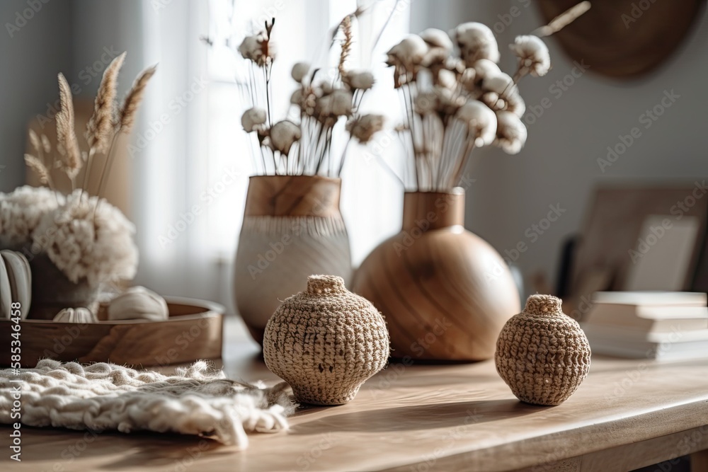 Wooden table, desk, or shelf close up with ceramic vases with cotton flowers over wooden living room