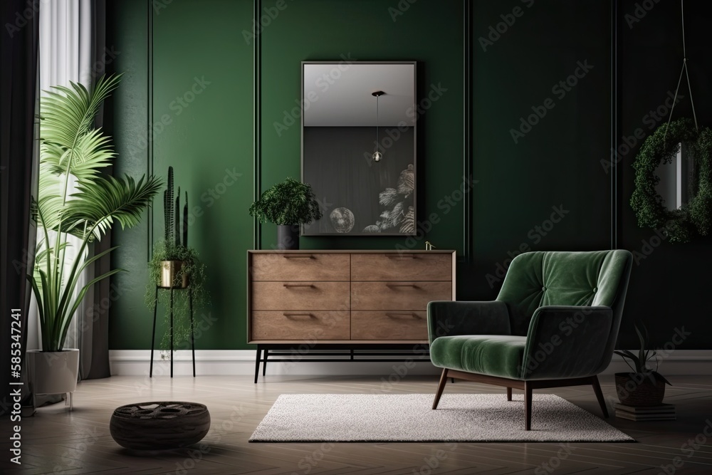 Green dresser, lounge chair, plants, and décor. mockup. Generative AI