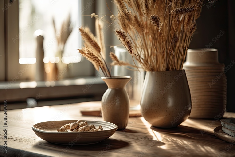 Vase with flax dried flowers and dish on wooden table. Minimal boho cafe interior. Generative AI