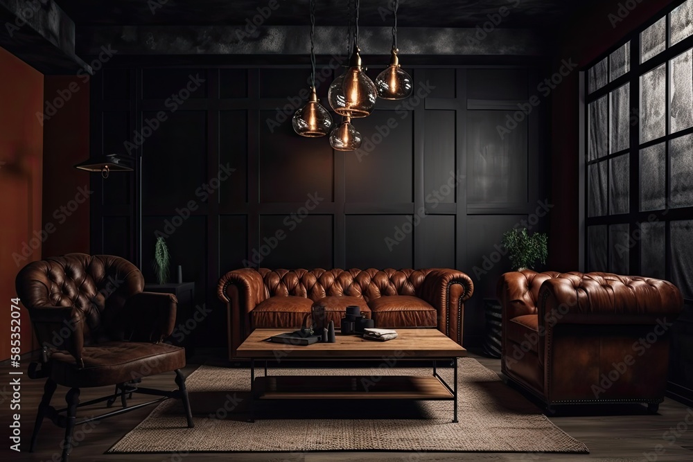 Dark house interior backdrop, brown living room with leather couch and black wooden furniture,. Gene