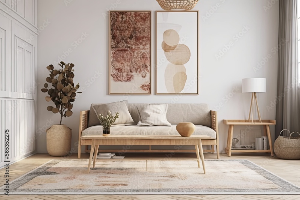 Wooden living room with flower vase. Interior mockup. Generative AI