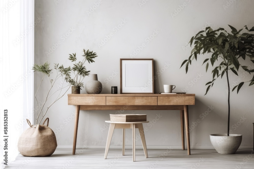 Empty home desk. A wooden table with a vase and plant against a white background in a living room. E