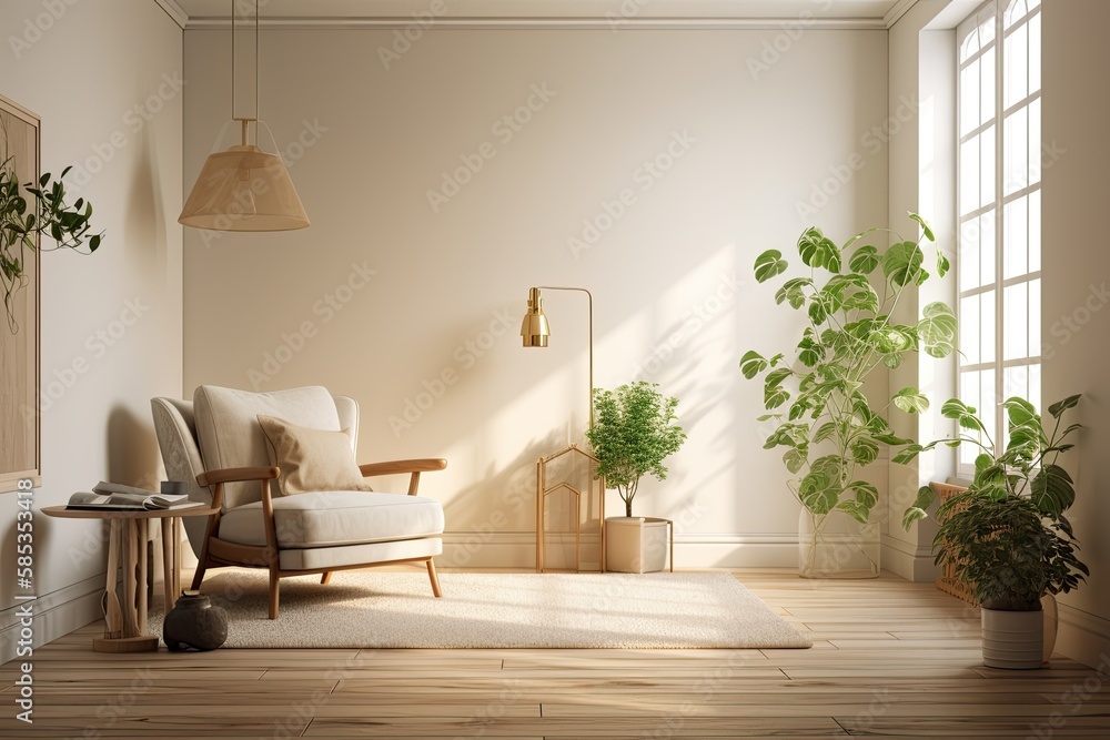 Cream colored living room with armchair. Generative AI