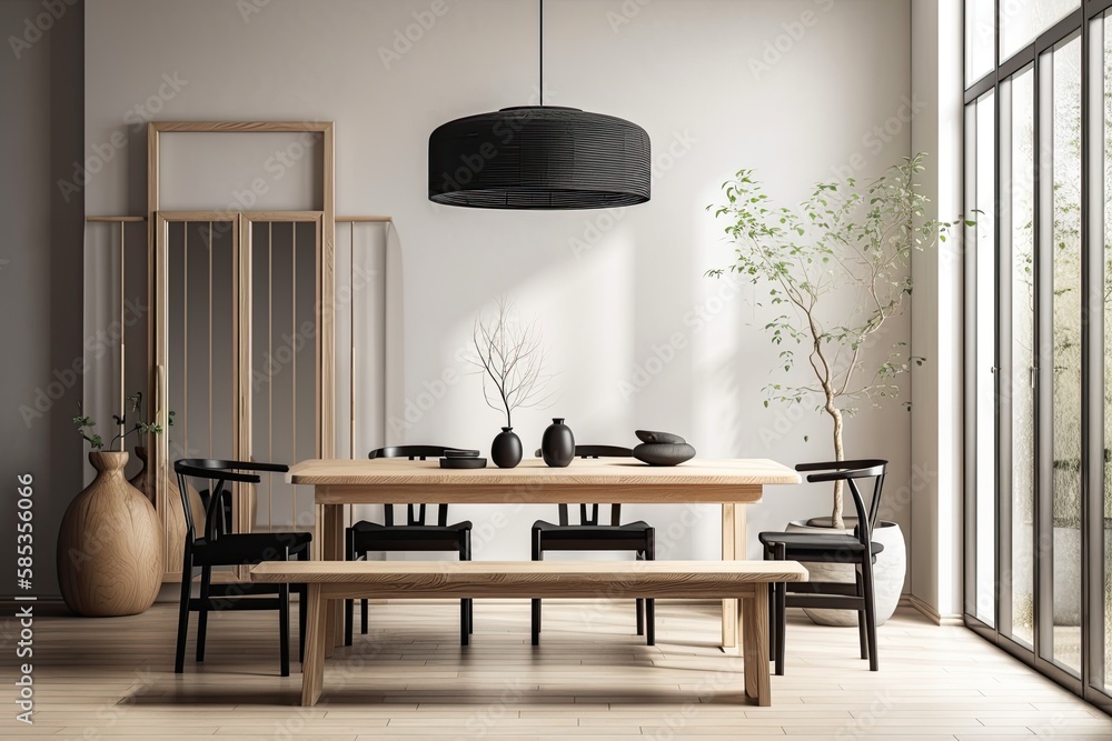 Japandi dining room with white and black hardwood minimalist table. Wall mockup. Minimalist interior