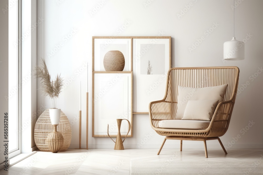 Empty picture frame on contemporary living room white wall. Scandi boho interior mockup. Picture cop