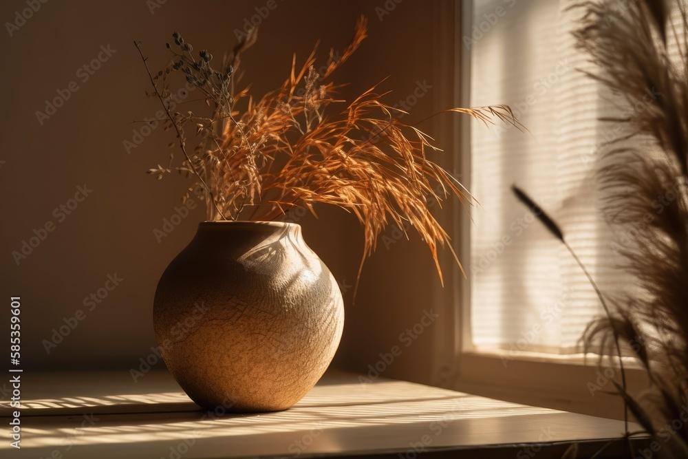 Beige ceramic vase with shadows and dried lagurus grass. Minimal boho decor. Sunlight silhouette, ne