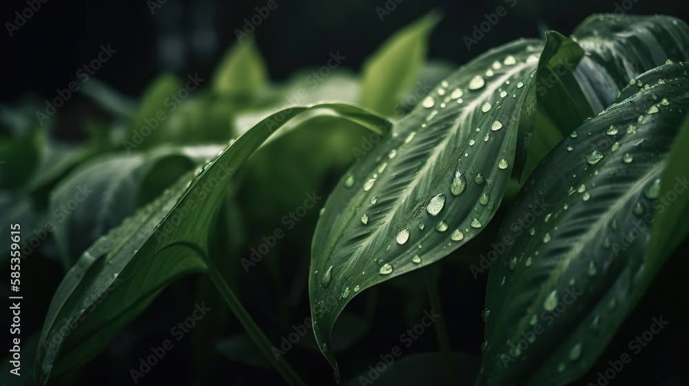 Closeup of Dumb cane tropical plant leaves with rain drops. Green natural backdrop. Generative AI