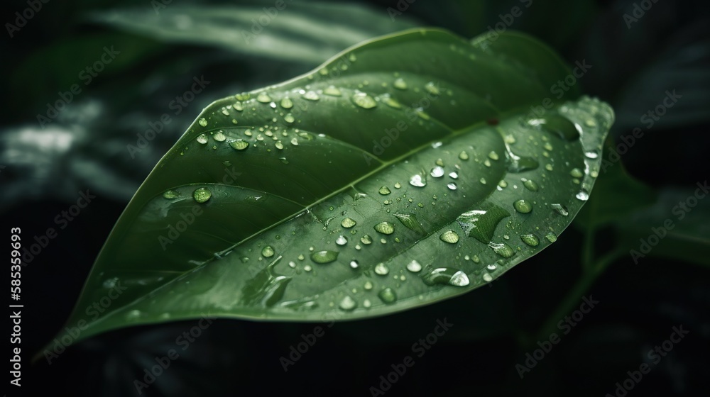 Closeup of Ymyoga ginger tropical plant leaves with rain drops. Green natural backdrop. Generative A