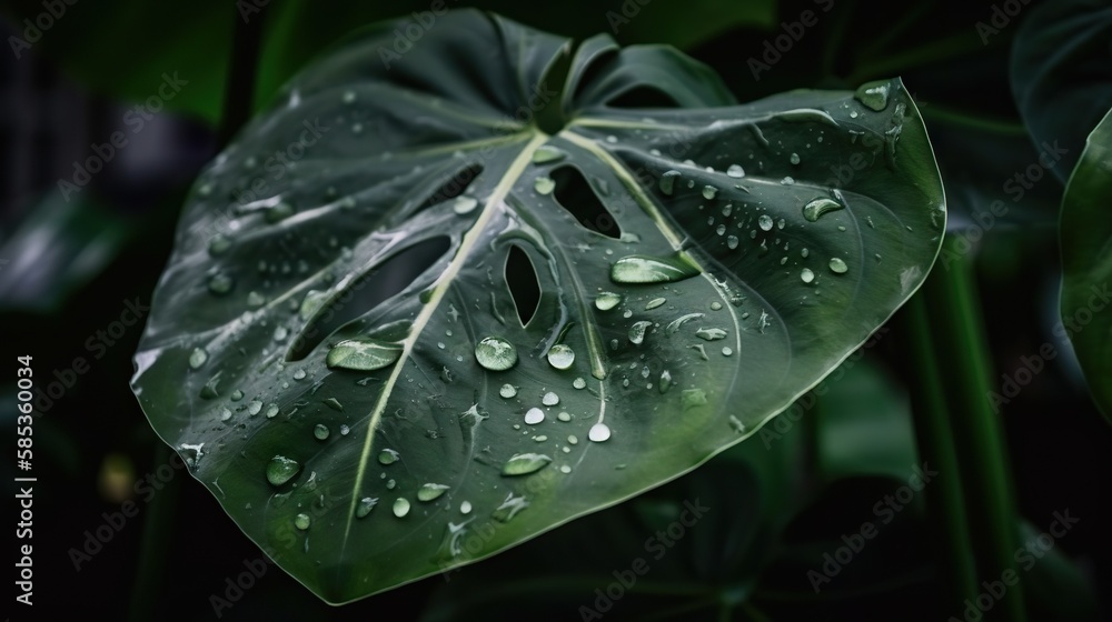 Closeup of Alocasia tropical plant leaves with rain drops. Green natural backdrop. Generative AI