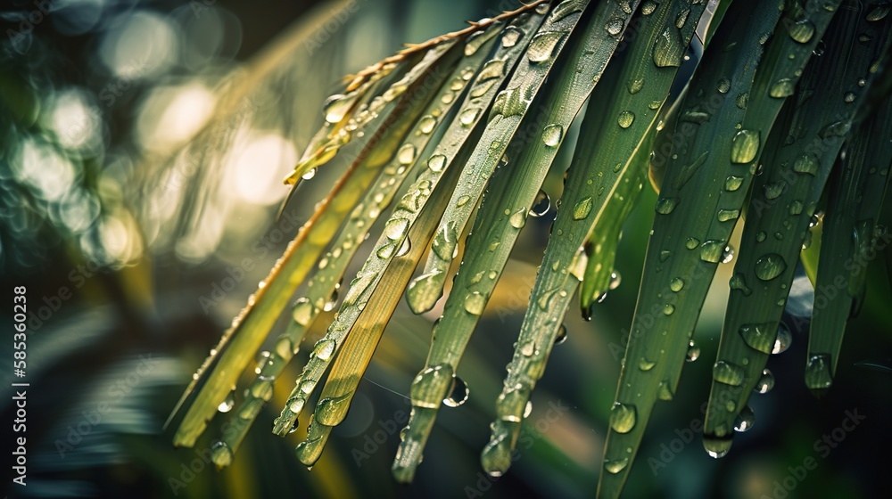 Closeup of palm tropical plant leaves with rain drops. Green natural backdrop. Generative AI