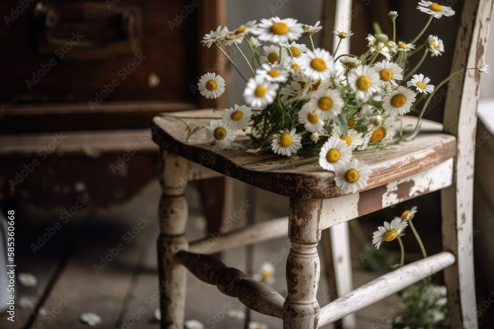 Daisy blooms on rustic chair. Countryside summer decor. Modern ceramic vase with daisies in sunny en