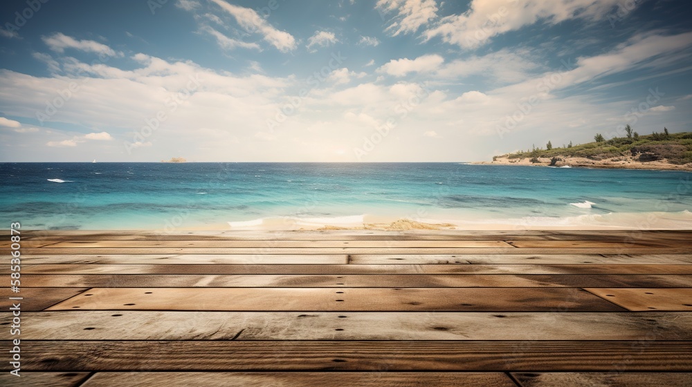 Wood table mockup with ocean waves on background. Empty copy space for product presentation. Generat