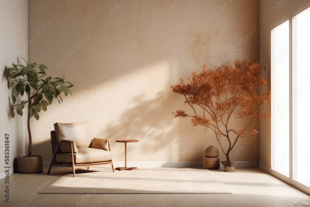 Warm toned cream wall mockup with armchair and minimal adornment. Generative AI