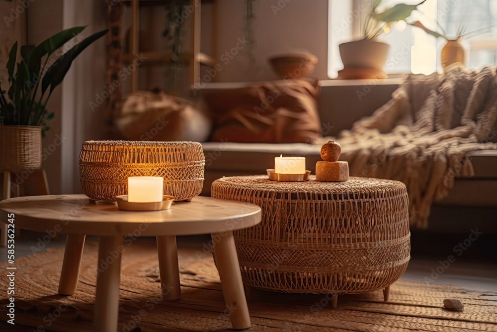 Two wooden cups on bamboo coffee table in bright and pleasant living room with hazy backdrop. Wicker