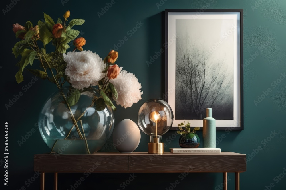 Elegant vase with flowers and glass ball on wooden cube. Elegance. Abstract paintings backdrop wall.