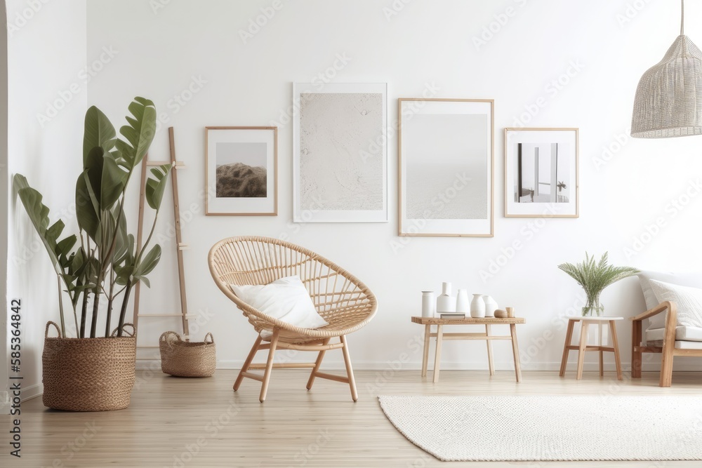 Mock up frame in white room with natural wood furnishings,. Generative AI