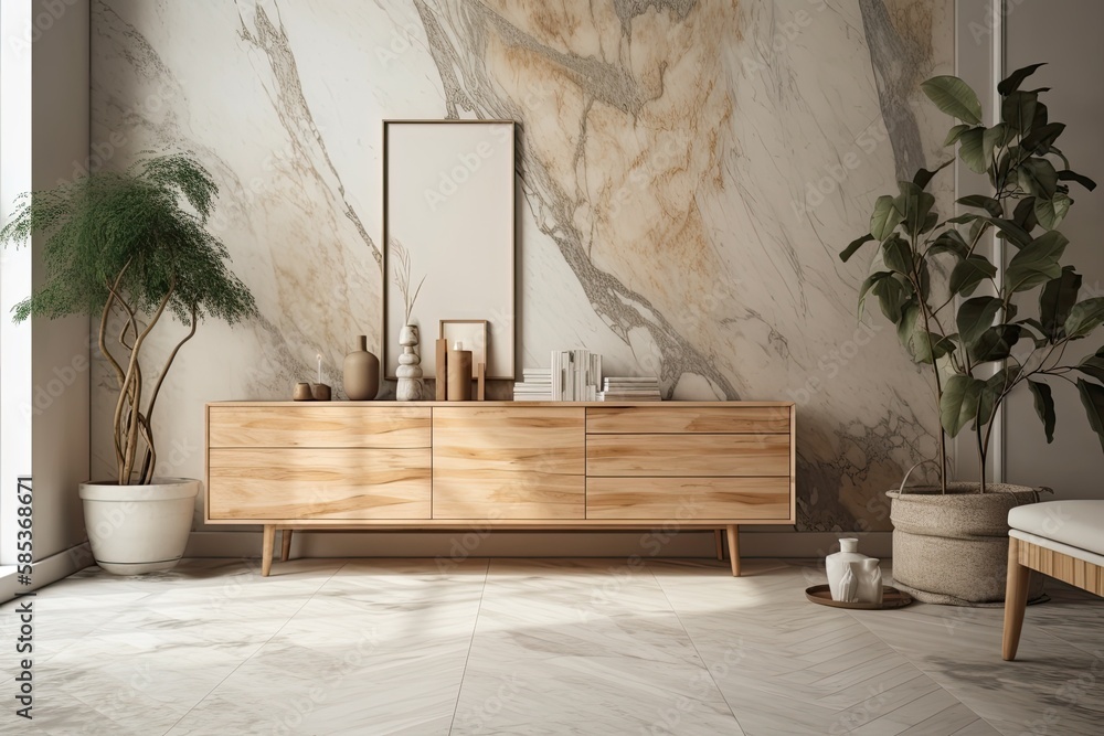 Bleached Japanese living room. Wooden dresser with wall mockup. Marble floor, wallpaper. Modern deco