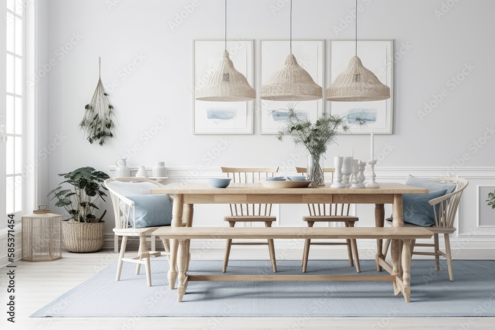 Dining table in coastal wedding room. White wall mockup in lovely home. Hamptons illustration. Gener