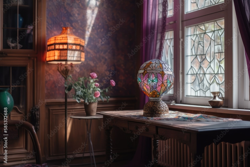 Moscow, Russia, May 18, 2019 Retro bohemian room with antique floor light. Spring lilac in vase. Com