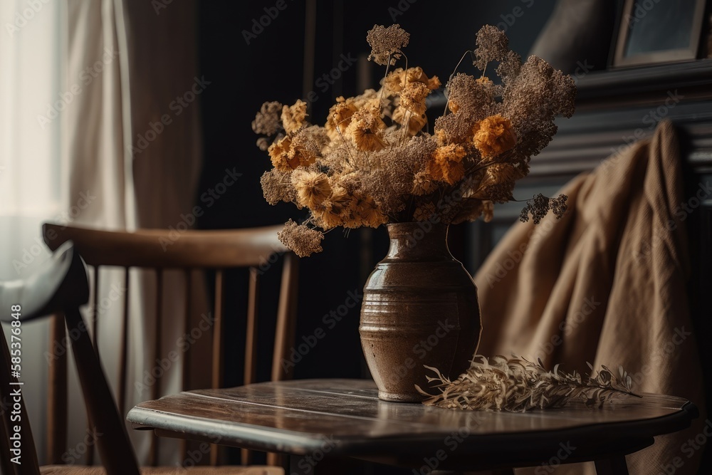 Dry flower in vase in front of old couch. Elegant dining, living, and café interiors Minimal,hipster