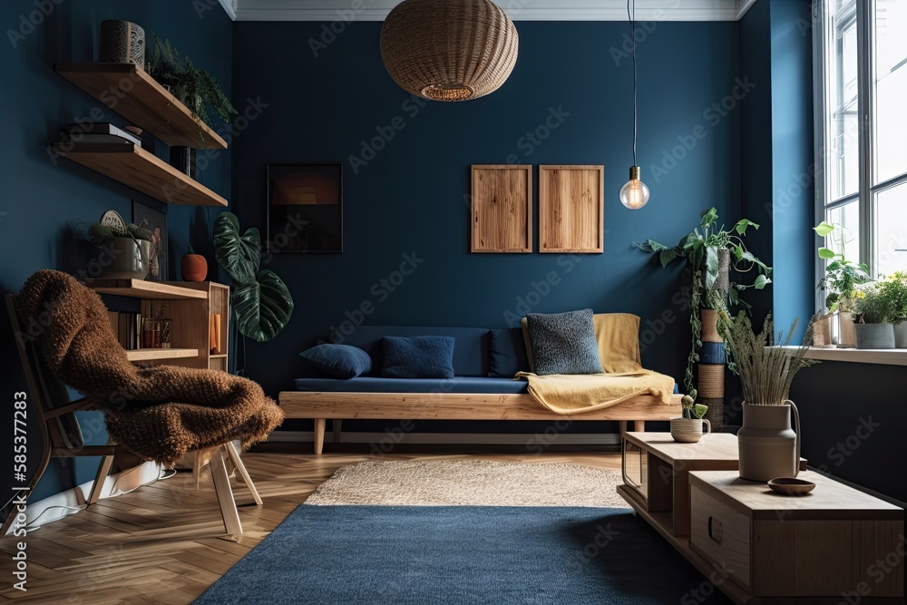 Living room with wooden couch, blue wall, bookshelf, and pouf. Generative AI