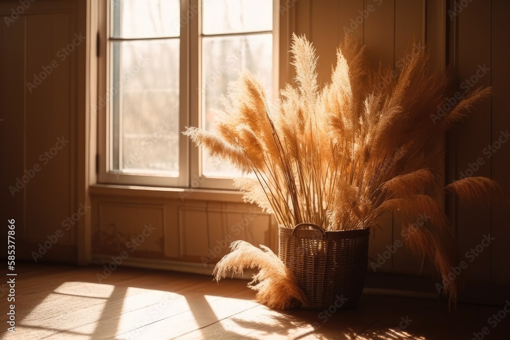 Dried pampas grass in planter on room parquet floor. Generative AI