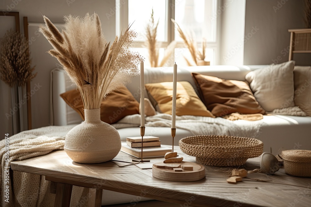 White tabletop or shelf with straws, dried plants, decoration, ears, sheaf, branch in vase, over, bo