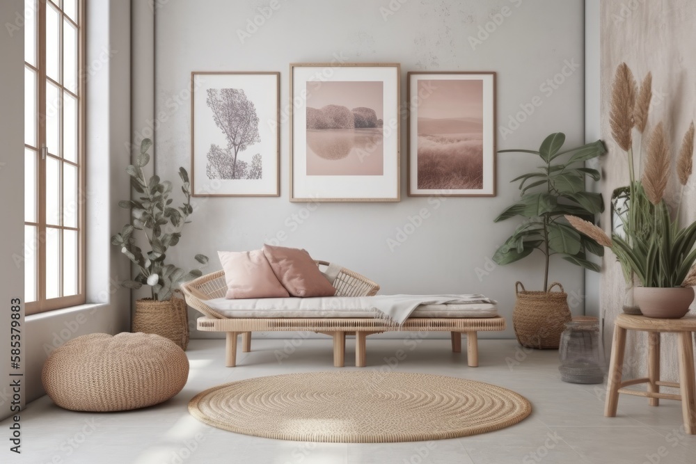 Danish living room, pastel decor, wall mockup,. Generative AI