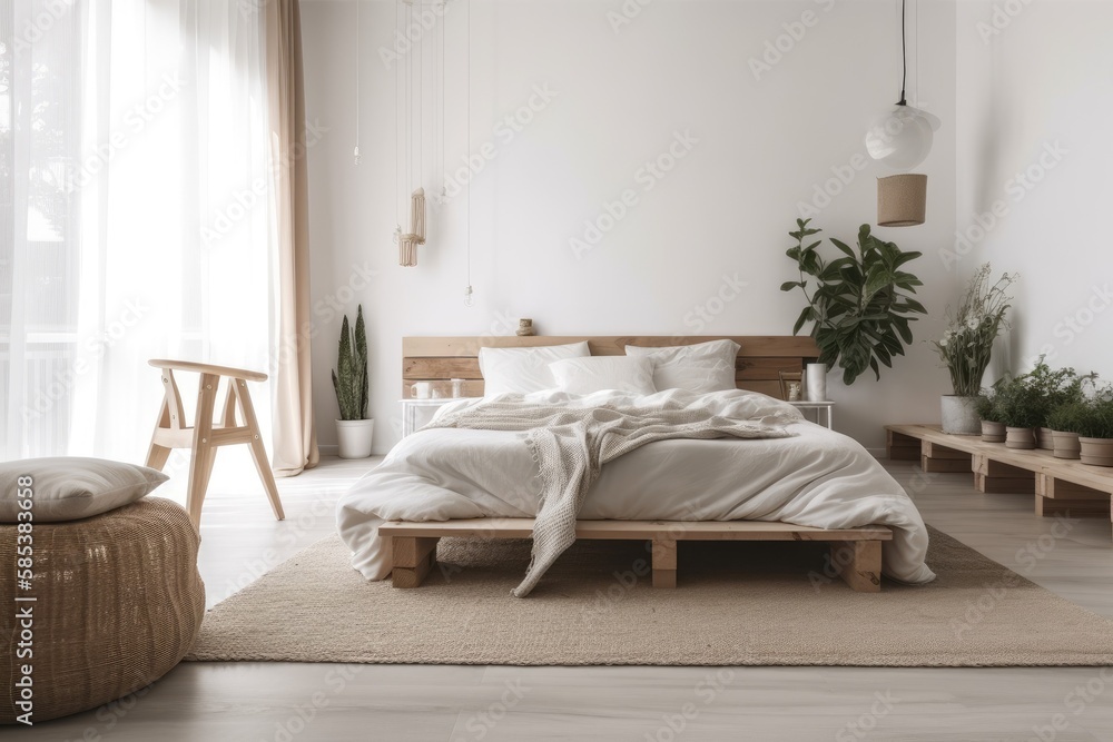 House interior backdrop, warm white bedroom with brilliant furnishings natural wooden tables, contem