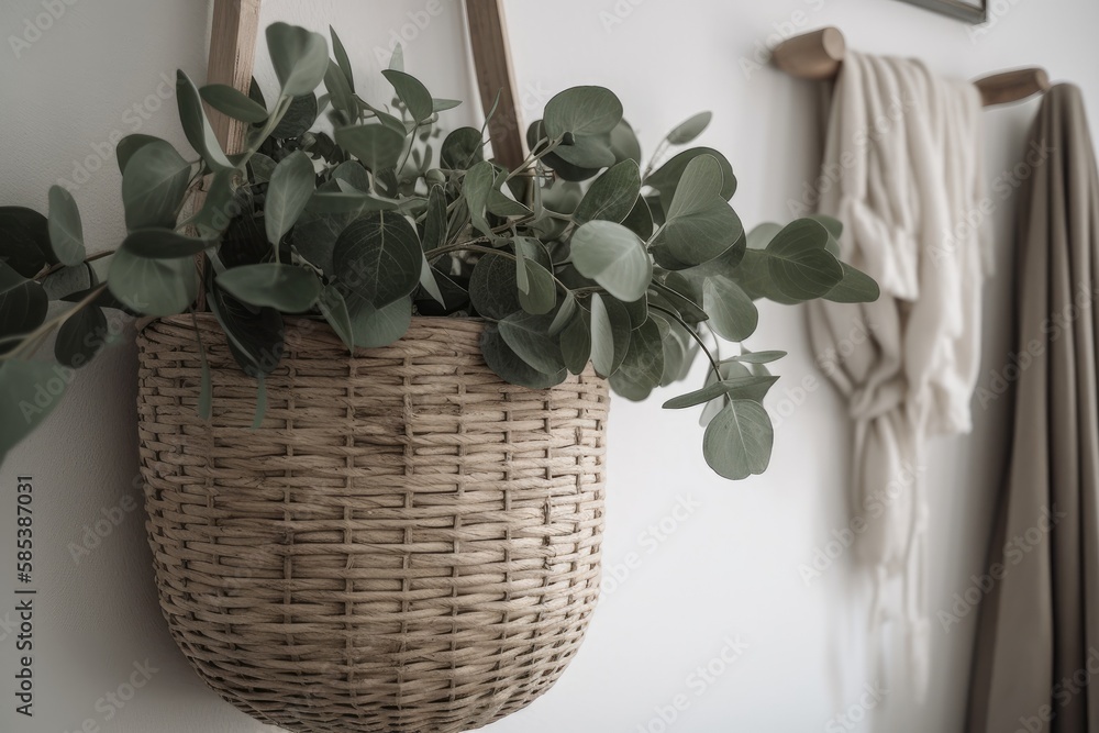 Farmhouse laundry room decor wall hanging basket boho eucalyptus closeup white light bright texture 