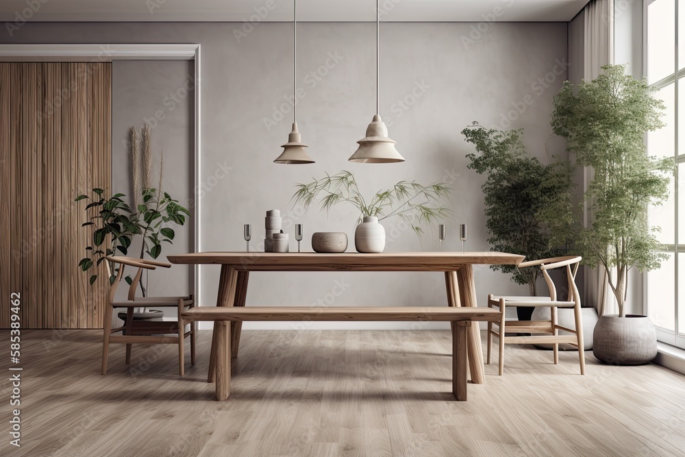 Japandi dining room with white and gray minimalist wooden table. Wallpaper mockup. Minimalist interi