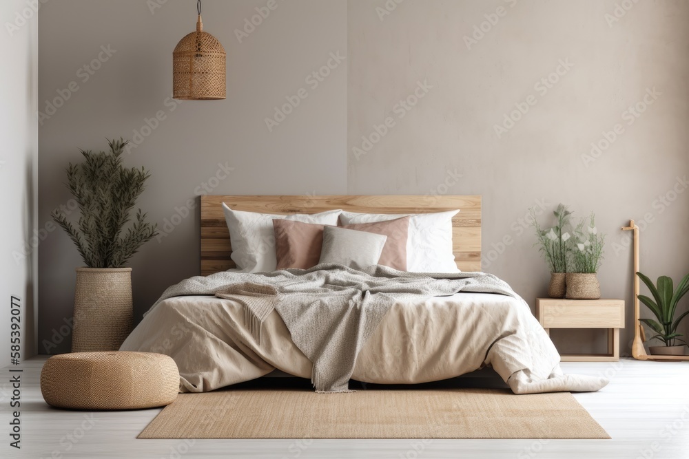 Warm neutral bedroom wall mockup with contemporary comfy decorating on empty concrete wall backdrop.