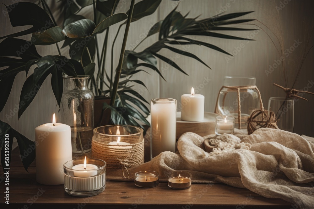 Neutral toned lifestyle composition. Styled interiors. Candlelight, home décor, feminine accessories