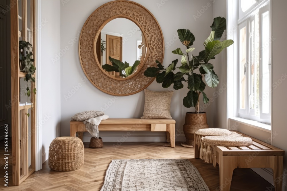 Boho hallway with handcrafted wooden mirror. House interior design. Generative AI