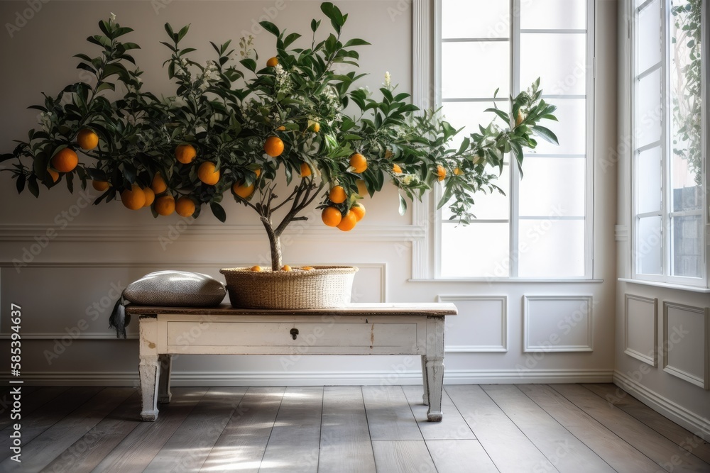 Summer interior. Tangerine, citrus calamondin tree in flower container on antique bench, table. Trim