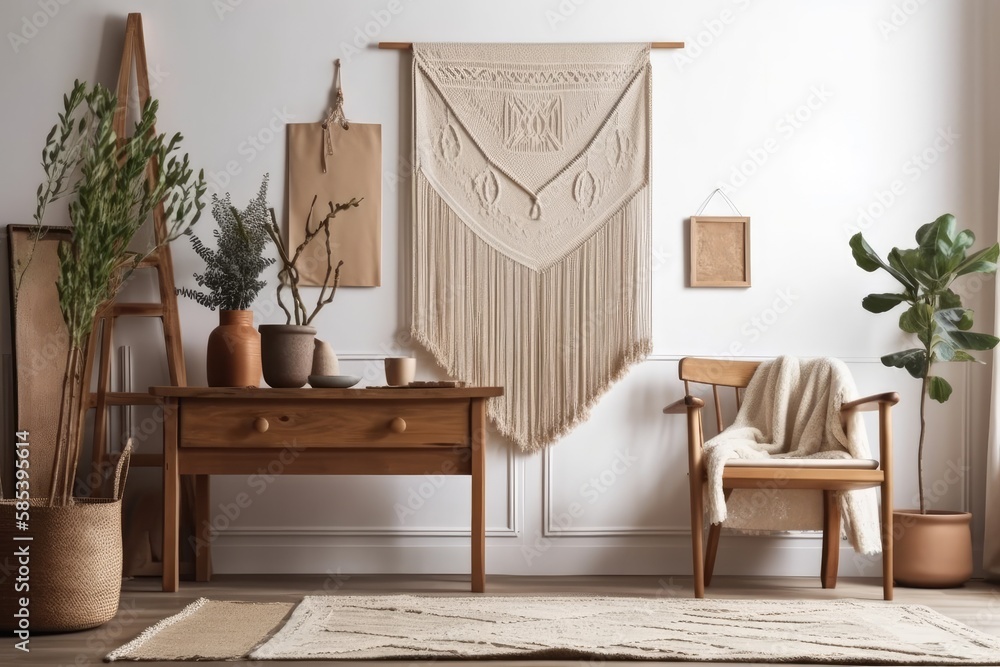 Beige bohemian living room with mock up poster frame, exquisite decorations, dried flowers in vase, 