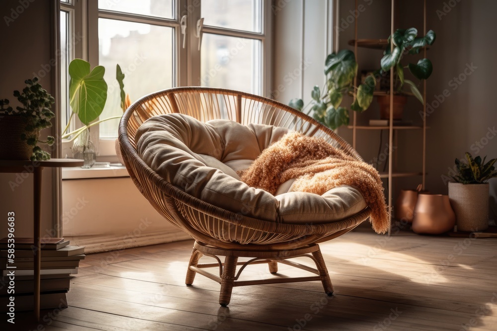 Rattan papasan chair with a comfy beige cushion in a bright bohemian environment with hardwood floor