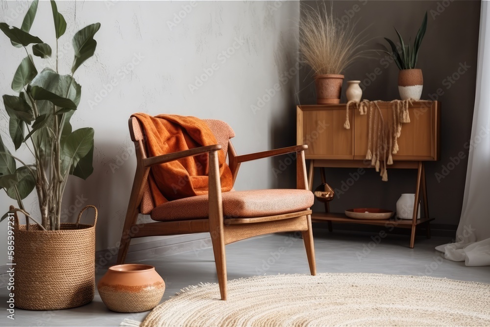 Vintage apartment décor and armchair. Vertical image of retro style orange chair stand against copy 