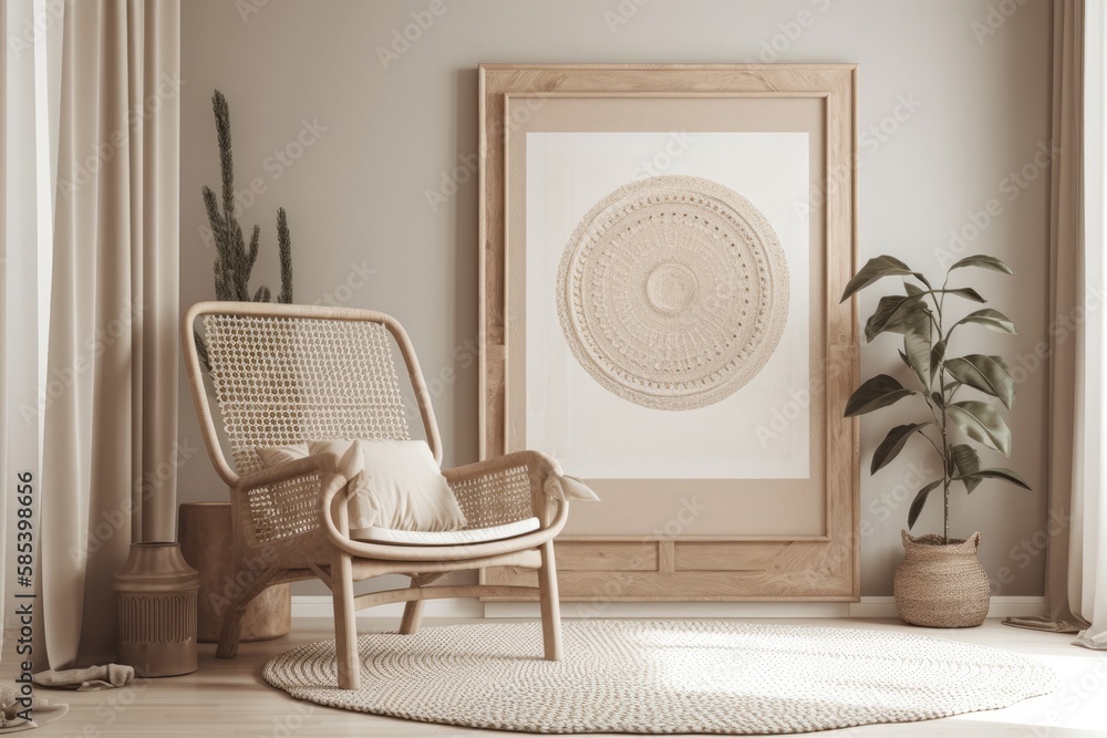 Scandi Boho style mockup frame in beige room with natural wooden furnishings. Generative AI