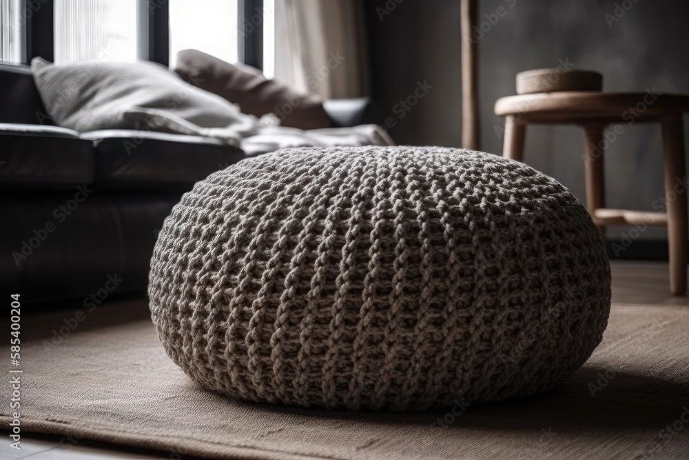 Grey concrete floor, natural straw pouf cushion chair. Focus. Minimalist loft coffee shop, restauran