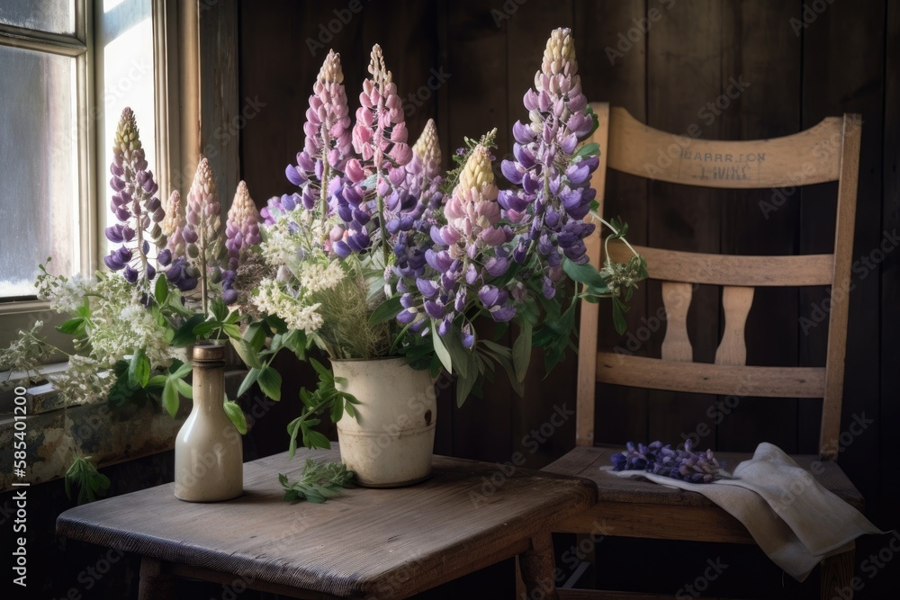 Lupine flowers in rustic room. Countryside summer decor. Lupin bouquet and scissors on wooden countr