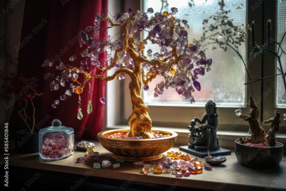 Home Feng Shui altar. Bringing prosperity. Crystal clusters, wire tree with jewels, gilded Buddha on