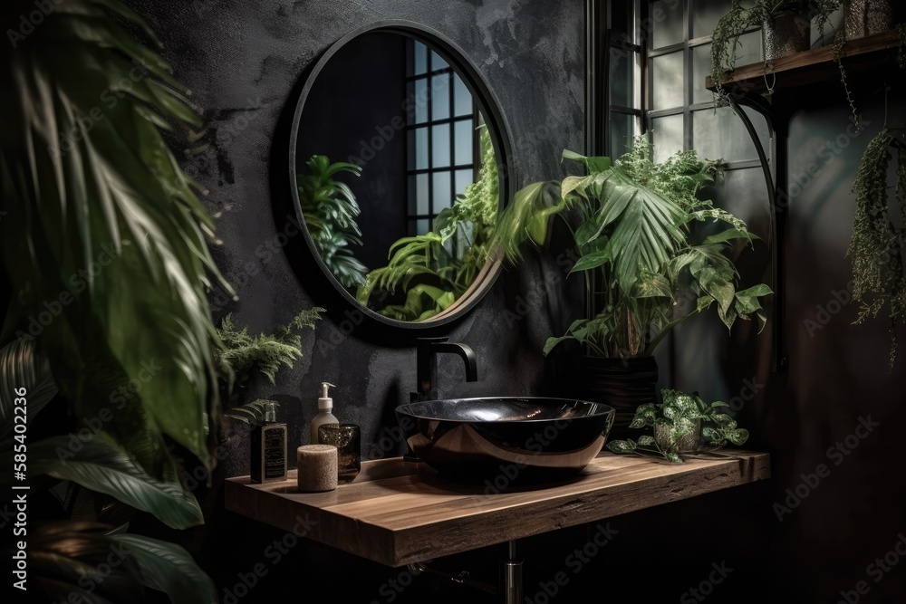 Black sink with faucet beneath circular mirror in contemporary tropical bathroom with green plants. 