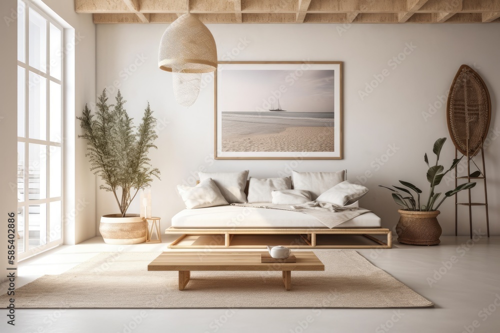 Mockup frame with warm house interior backdrop, coastal style living room,. Generative AI