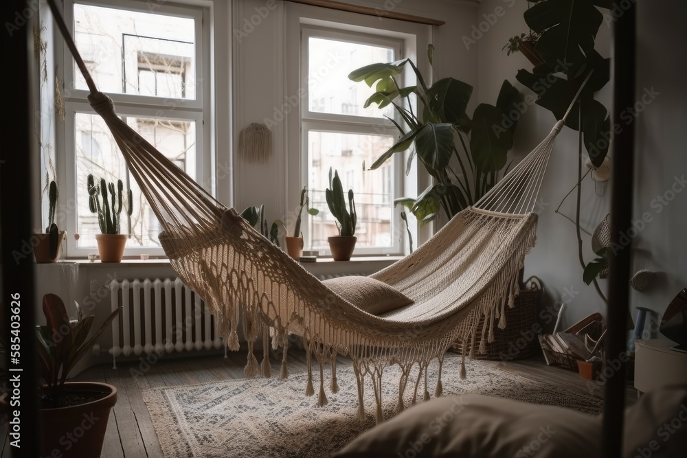 Room with hammock. Decor. Generative AI