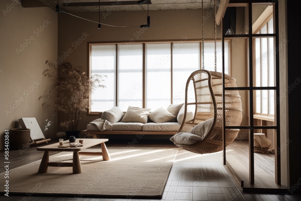 Japanese living room with copy space, architect interior designer idea. Sofa and hanging chair. Wabi