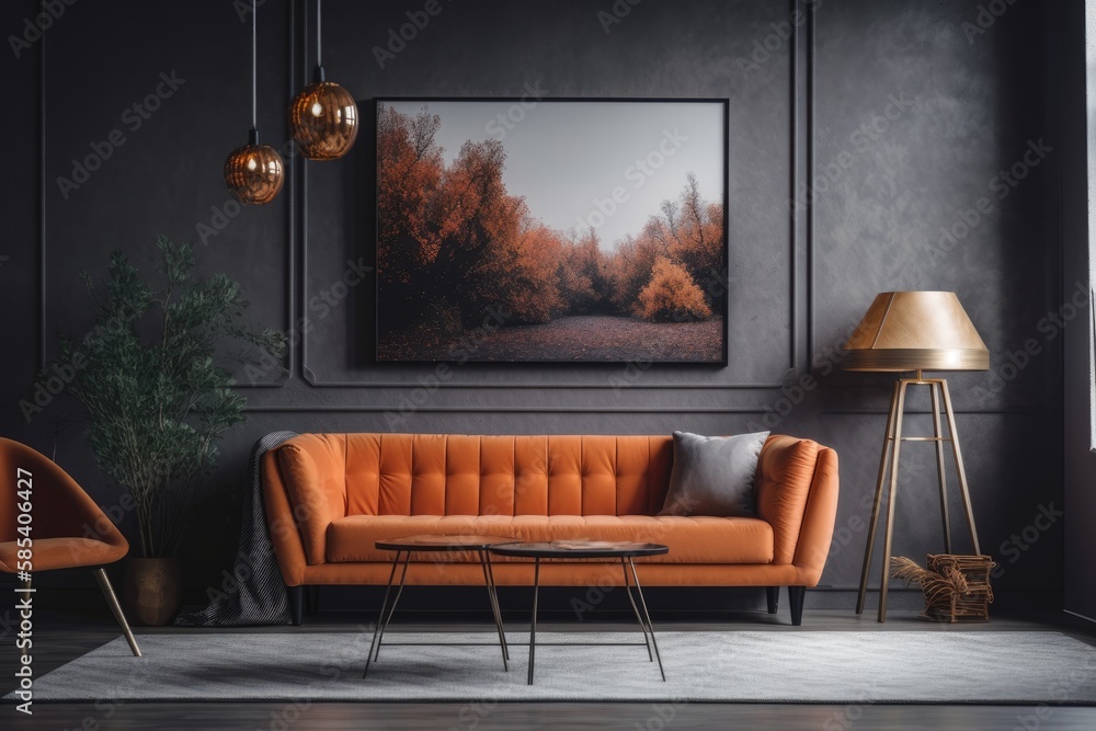 Mock up poster with design on gray wall and orange cushions on exquisite couch in a luxury living ro