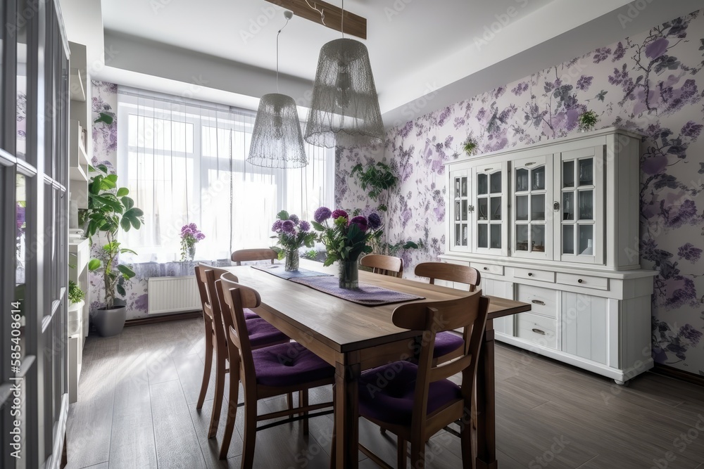 White and violet farmhouse dining room. Floral wallpaper, seats, table. Japanese interiors. Generati