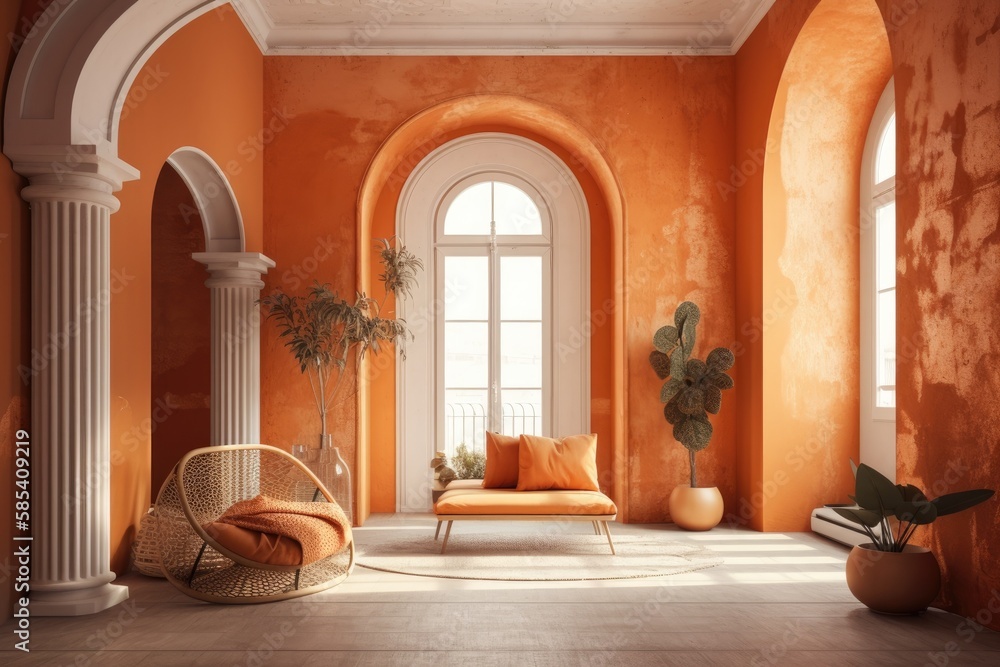 Orange boho décor and arches. mockup. Generative AI