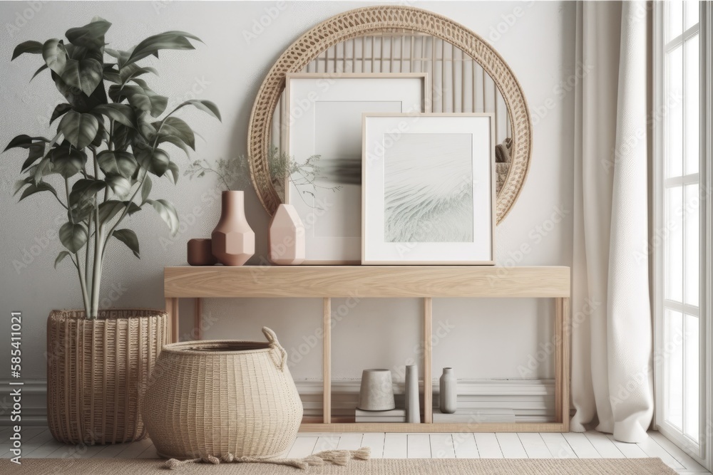 Scandi Boho mockup frame on interior background, soft pastel hues. Generative AI